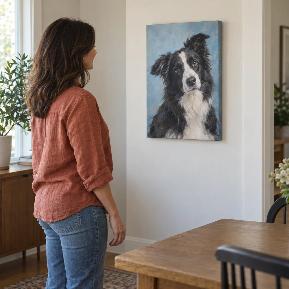 A woman viewing a Border Collie canvas on her dining-room wall