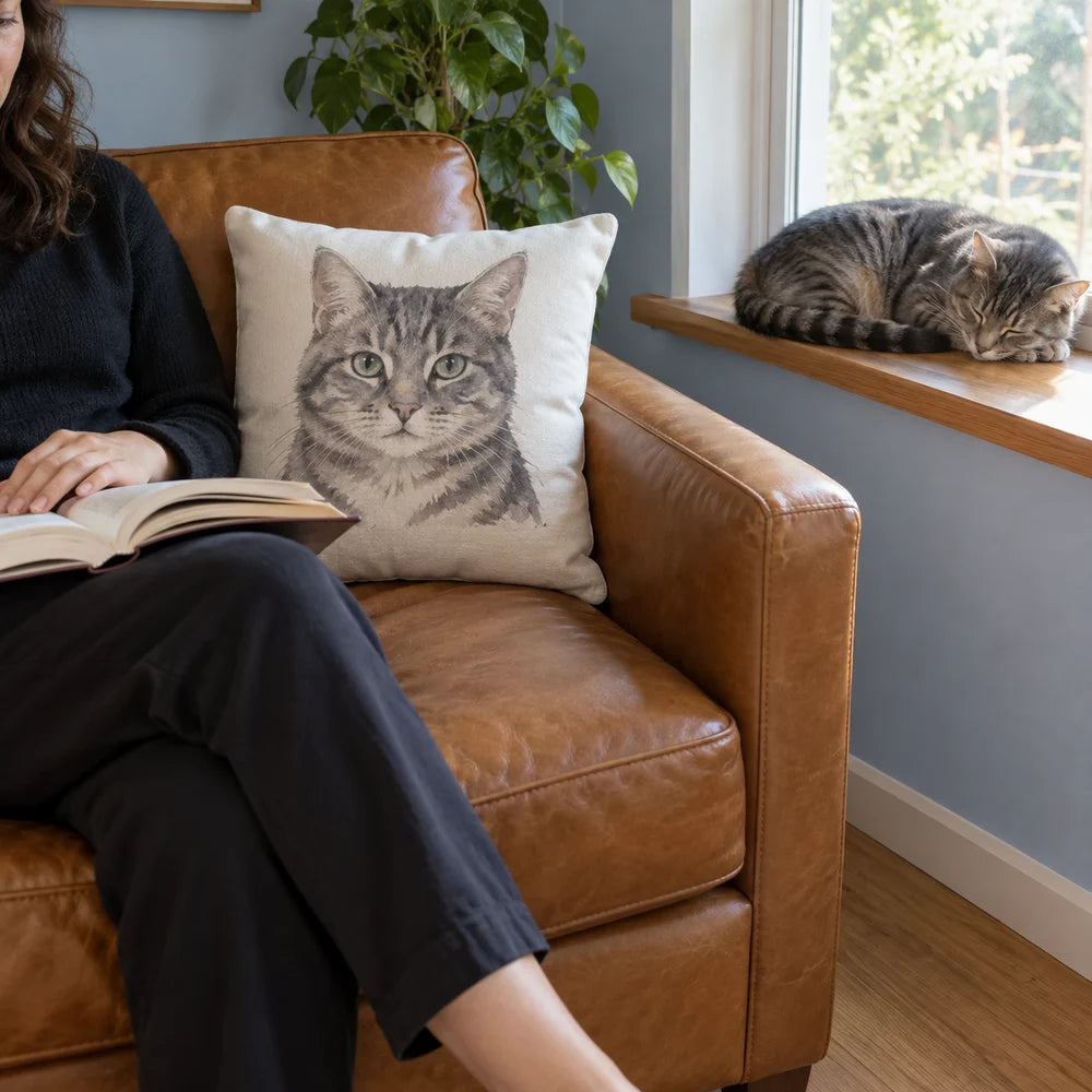 A cat portrait cushion in a reading chair beside a sleeping tabby