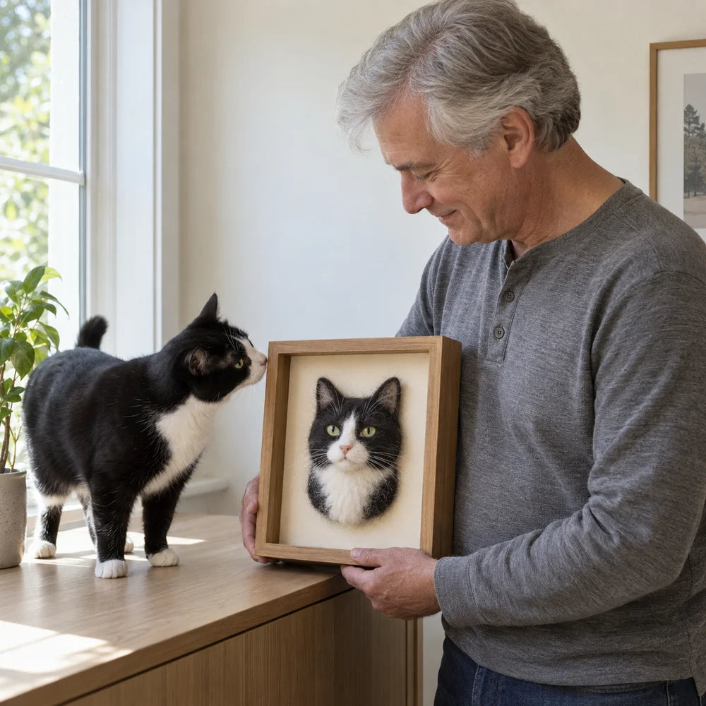 A framed wool-felt tuxedo-cat keepsake beside the cat that inspired it