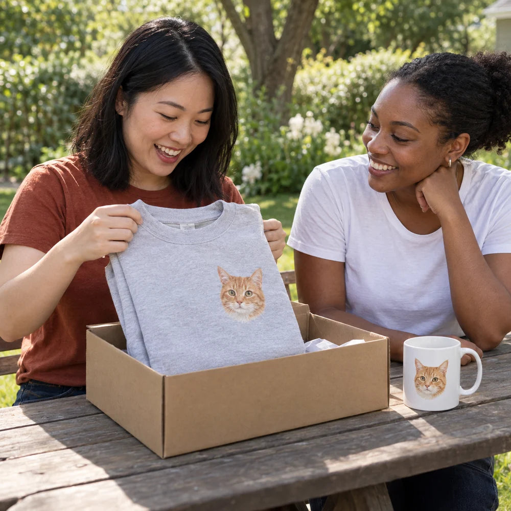 Two friends opening a personalized cat sweatshirt and mug gift outdoors