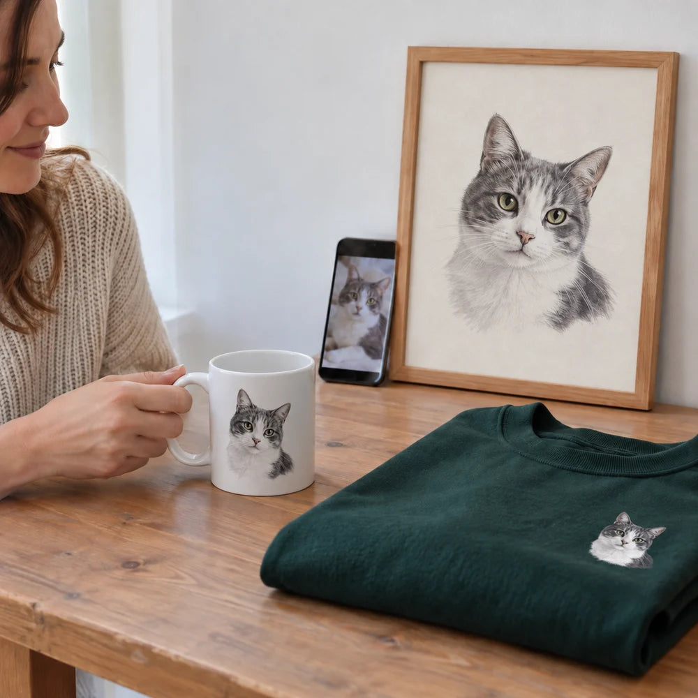 A cat photo interpreted as a framed print, mug and sweatshirt