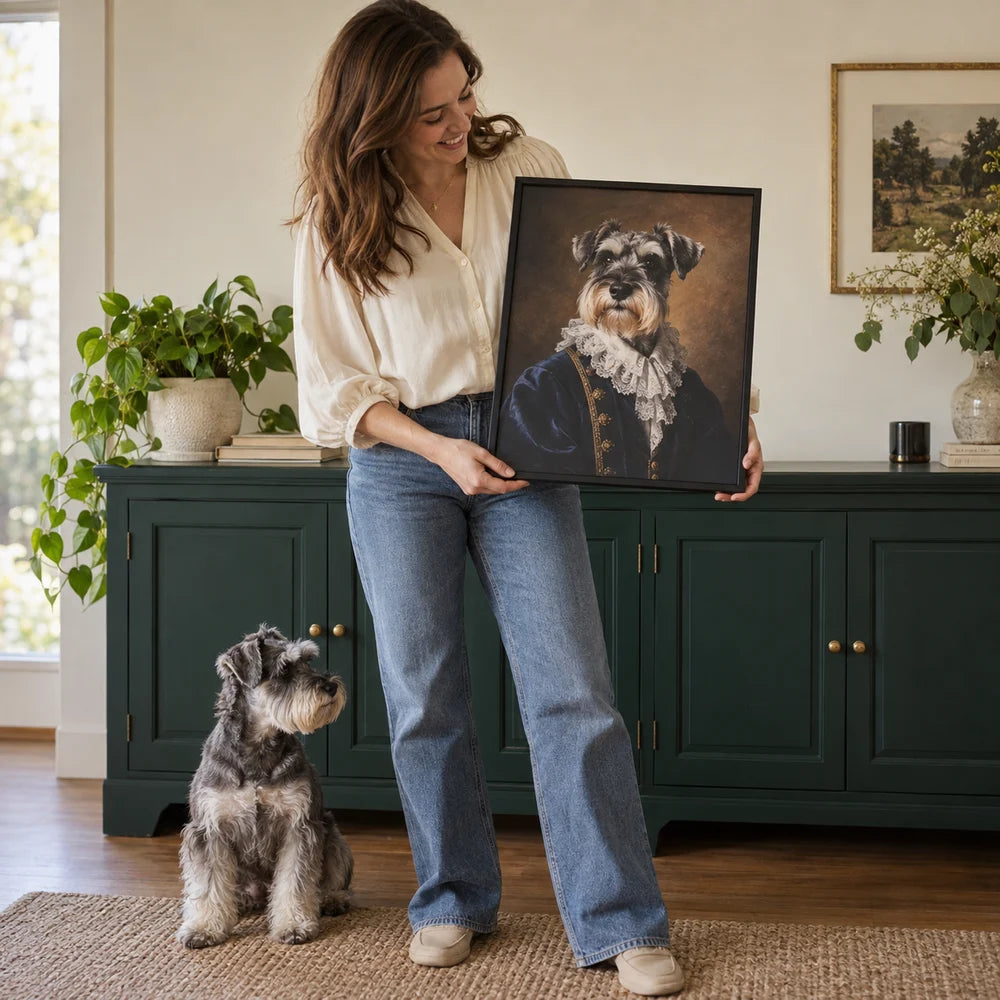 A woman and schnauzer with a framed royal-style Art Print