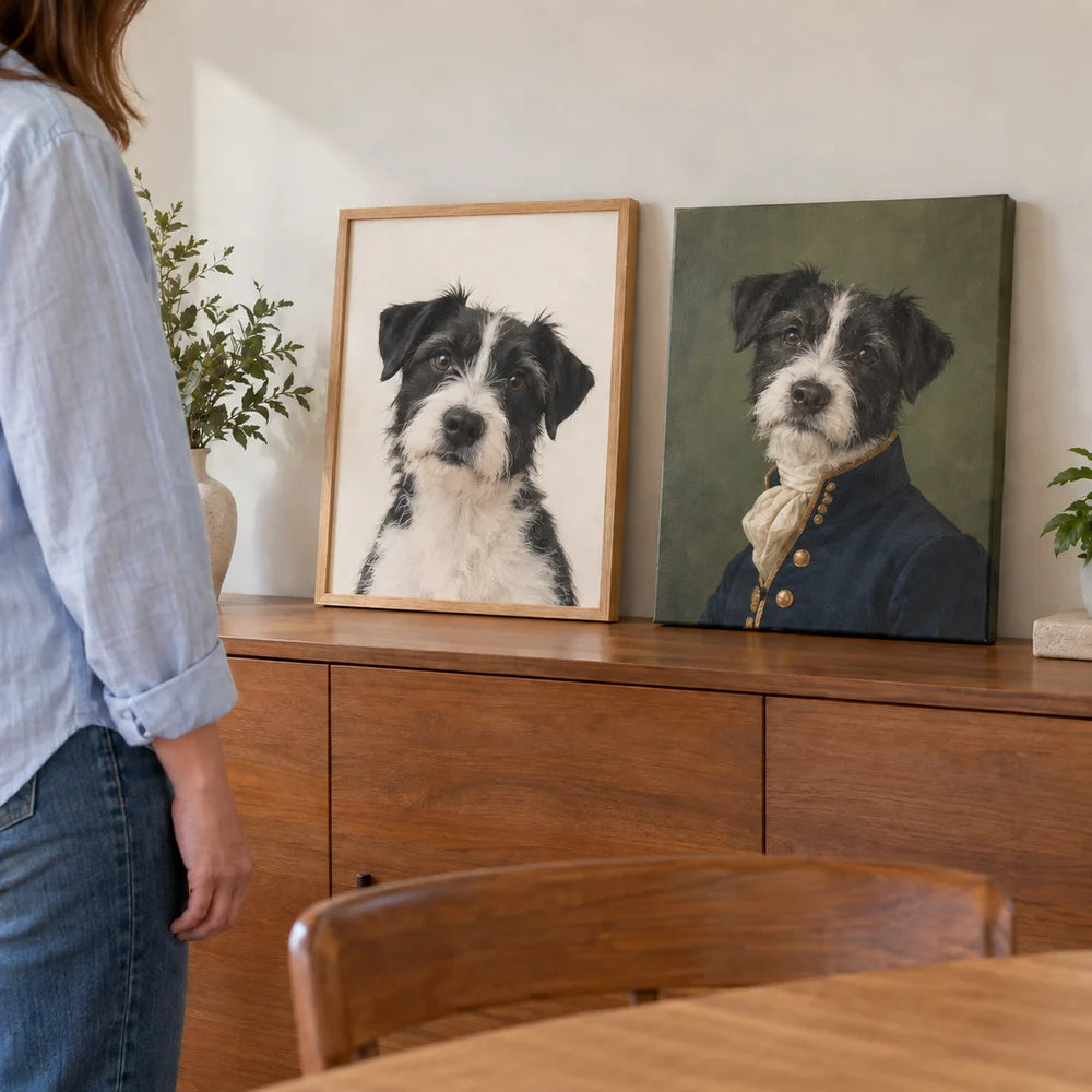 A framed Art Print and wrapped Canvas displayed side by side
