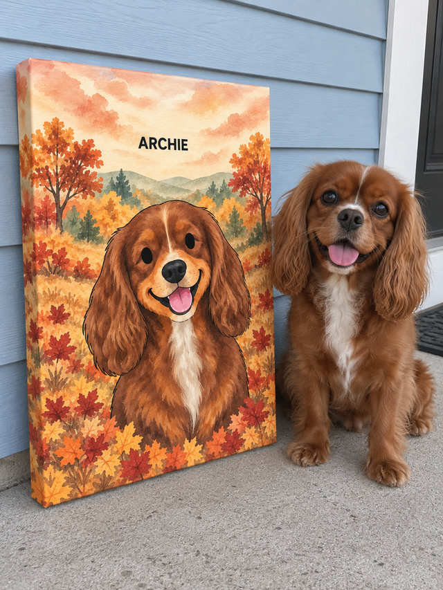 Archie beside an autumn watercolor Canvas portrait
