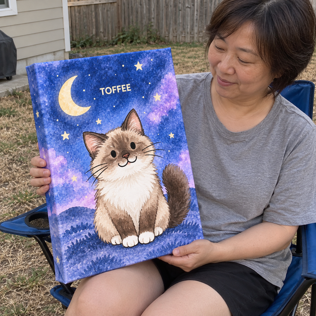 A person holding a starry watercolor Canvas portrait of Toffee the cat