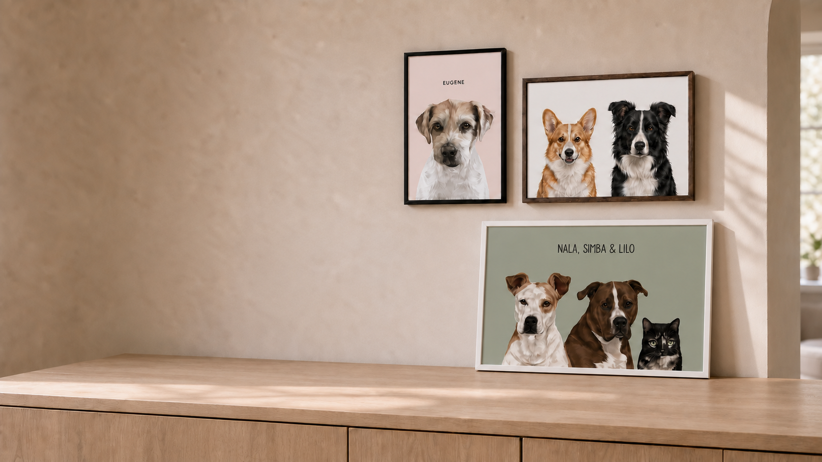 Modern custom art prints displayed in a bright home gallery