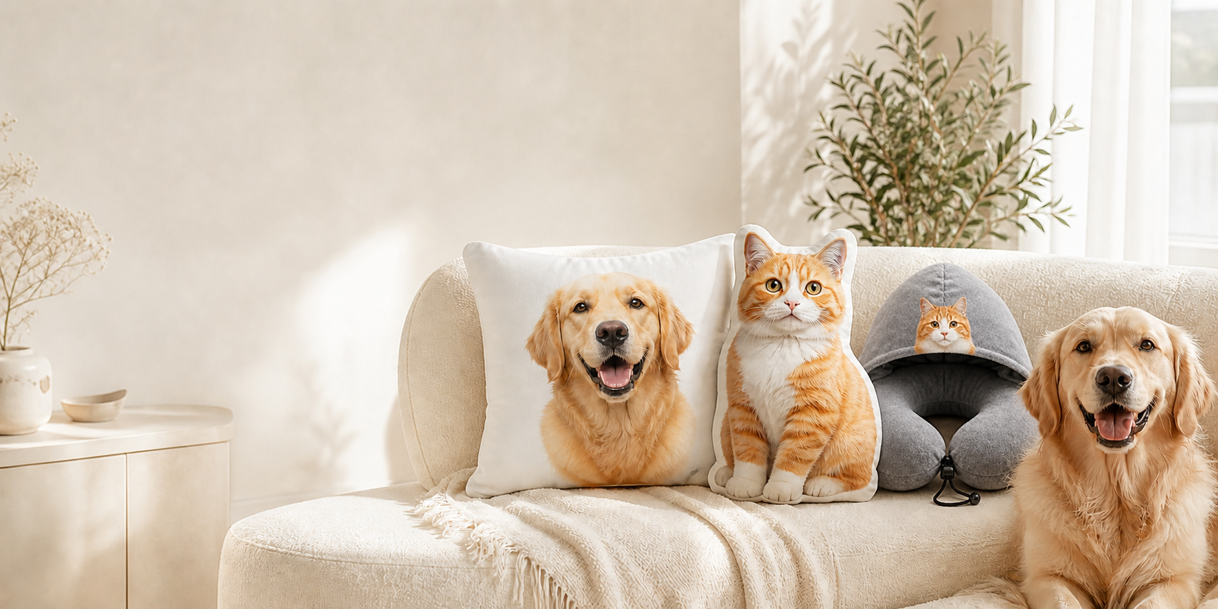 Personalized pet pillows arranged in a cozy living room