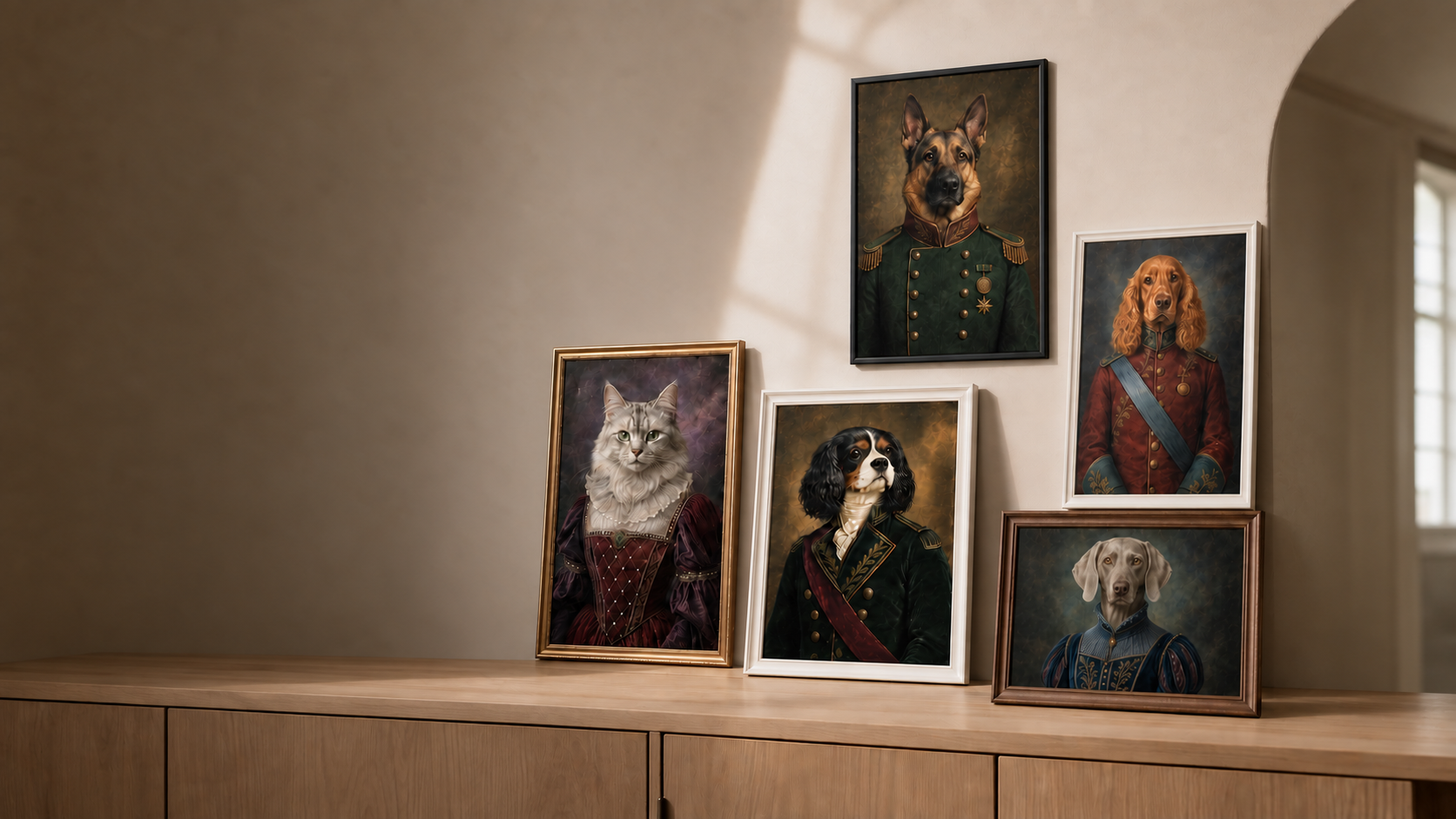 Framed royal custom art prints displayed in a warm home gallery