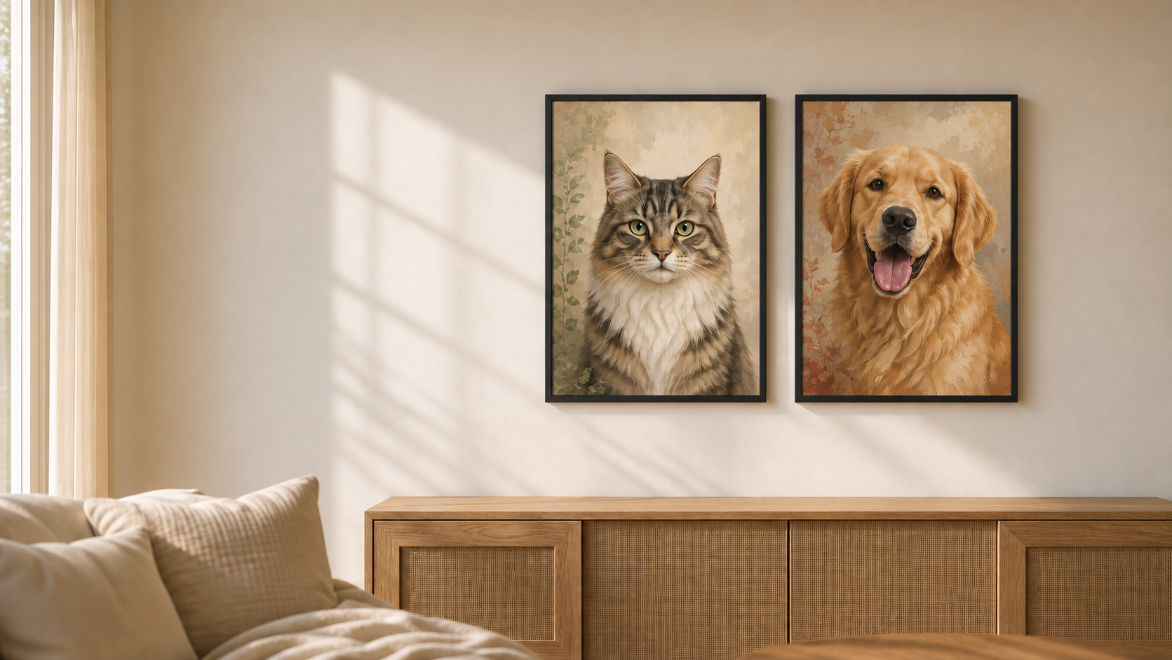 Cat and dog portraits displayed together in a warm, sunlit home