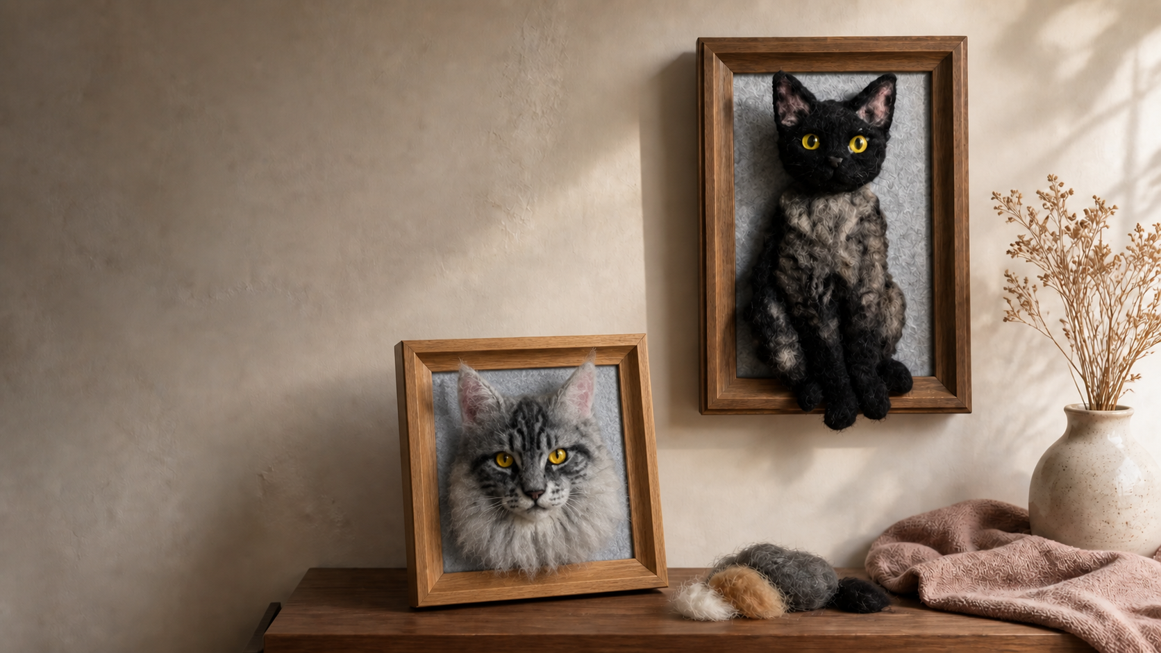 Handmade head-only and full-body wool-felt pet keepsakes