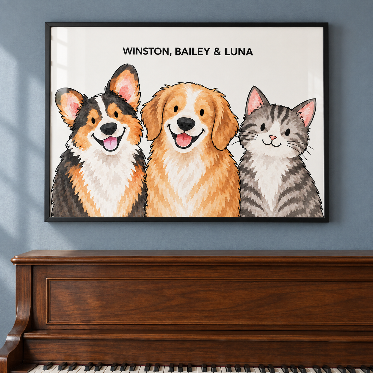 Classic Watercolor – 3 Pets Custom Art Print — lifestyle view