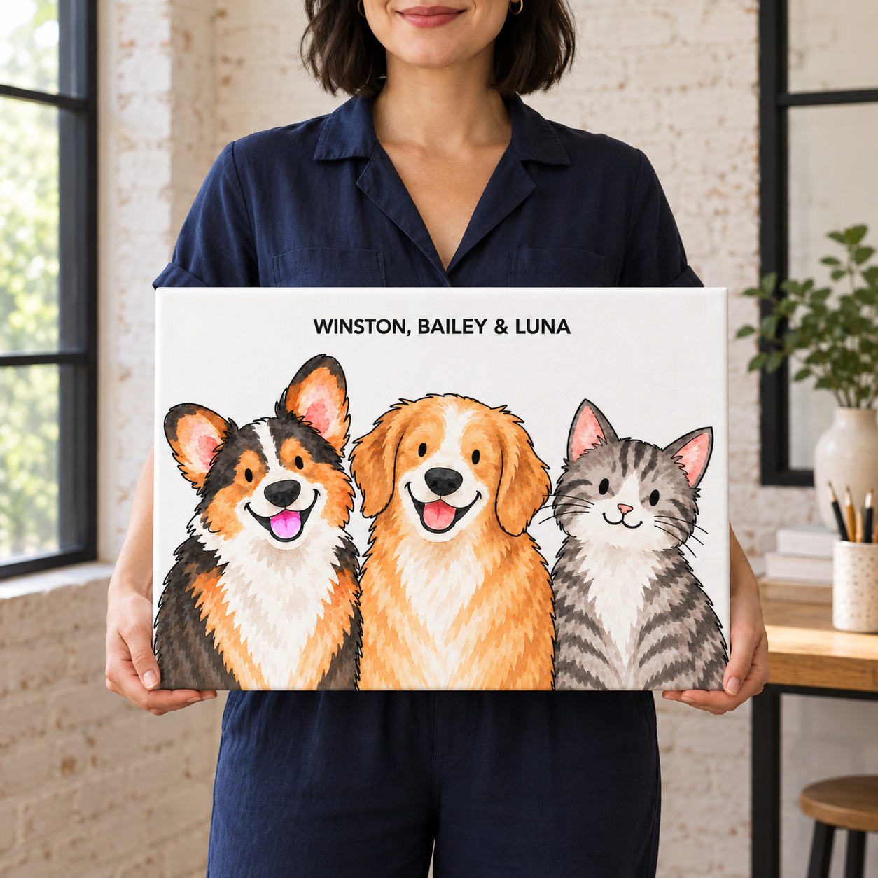 Classic Watercolor – 3 Pets Custom Pet Canvas — lifestyle view