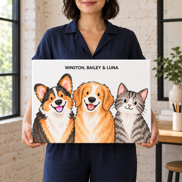 Classic Watercolor – 3 Pets Custom Pet Canvas — lifestyle view