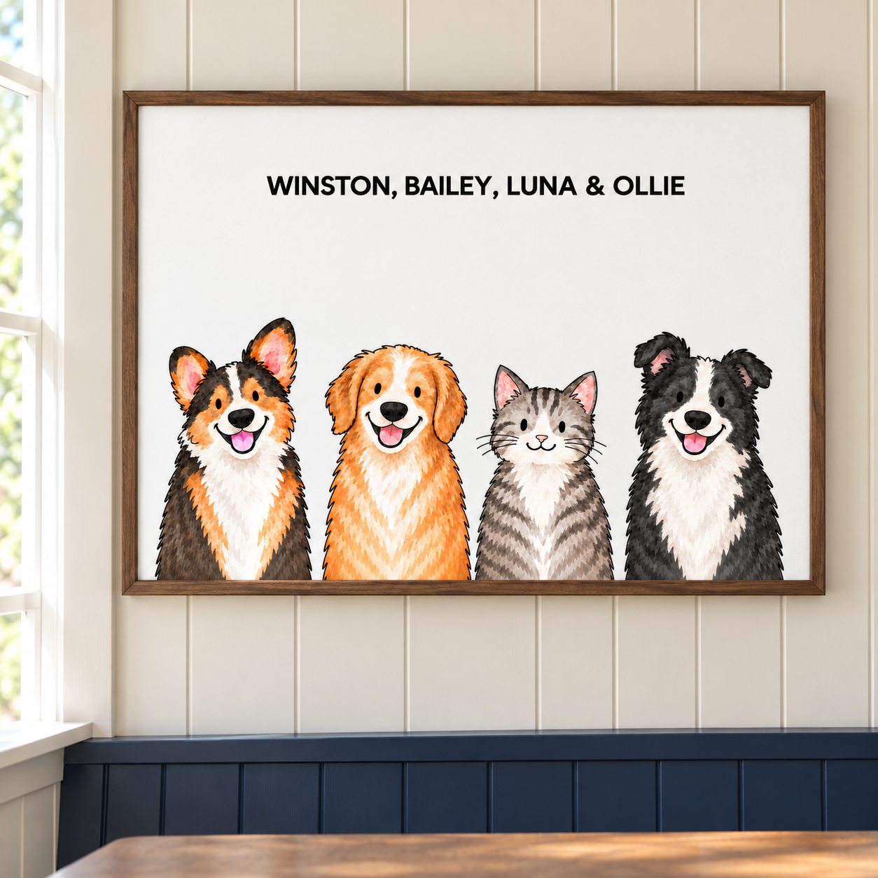 Classic Watercolor – 4 Pets Custom Art Print — lifestyle view