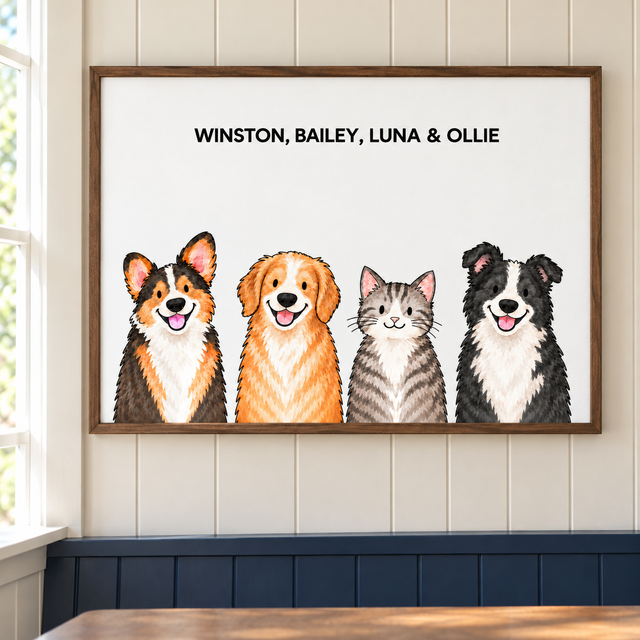 Classic Watercolor – 4 Pets Custom Art Print — lifestyle view