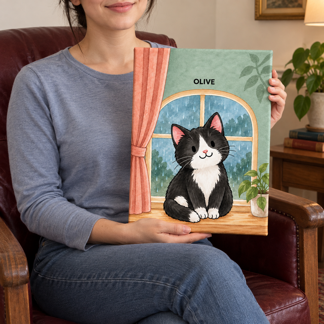 Cozy Rainy Window Watercolor Custom Pet Canvas — lifestyle view